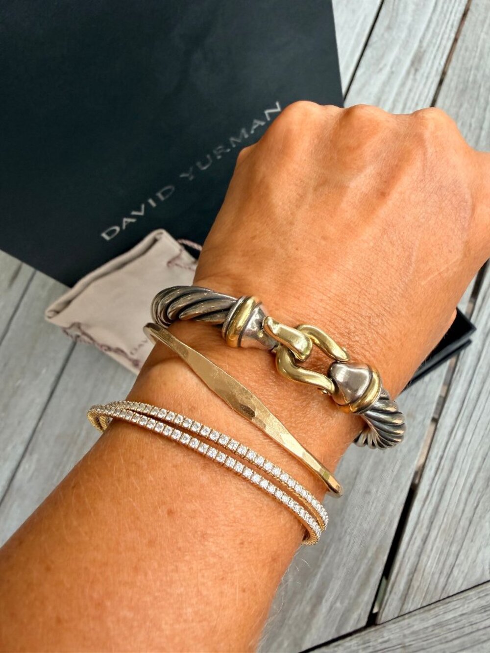 David Yurman Cable Buckle Bracelet 8mm Sterling Silver 14K Gold Bangle Size M